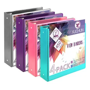 4Pack 2 Inch Round 3 Ring Binder View Binders with 2 Pockets,Holds 450 Sheets Assorted Colors for Office,Home,Business