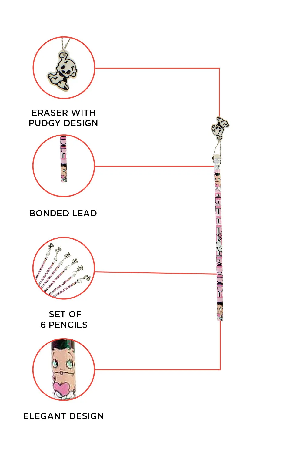 Betty Boop Pink Heart Pencil with Eraser Set Of 6