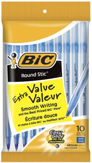 BIC - Round Stic Ball Pens Medium Point Blue - 10 Pens