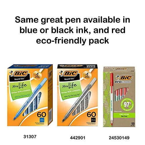 BIC Round Stic Xtra Life Assorted Ink Ballpoint Pens, Medium Point (1.0mm), 60-Count Pack of Bulk Pens, Flexible Round Barrel for Comfortable Writing, No. 1 Selling Ballpoint Pens