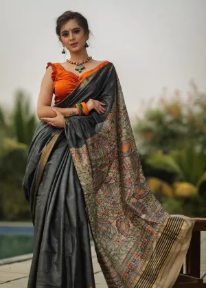 BLACK SILK SAREE WITH HAND PAINTED MADHUBANI PALLU & ZARI BORDER