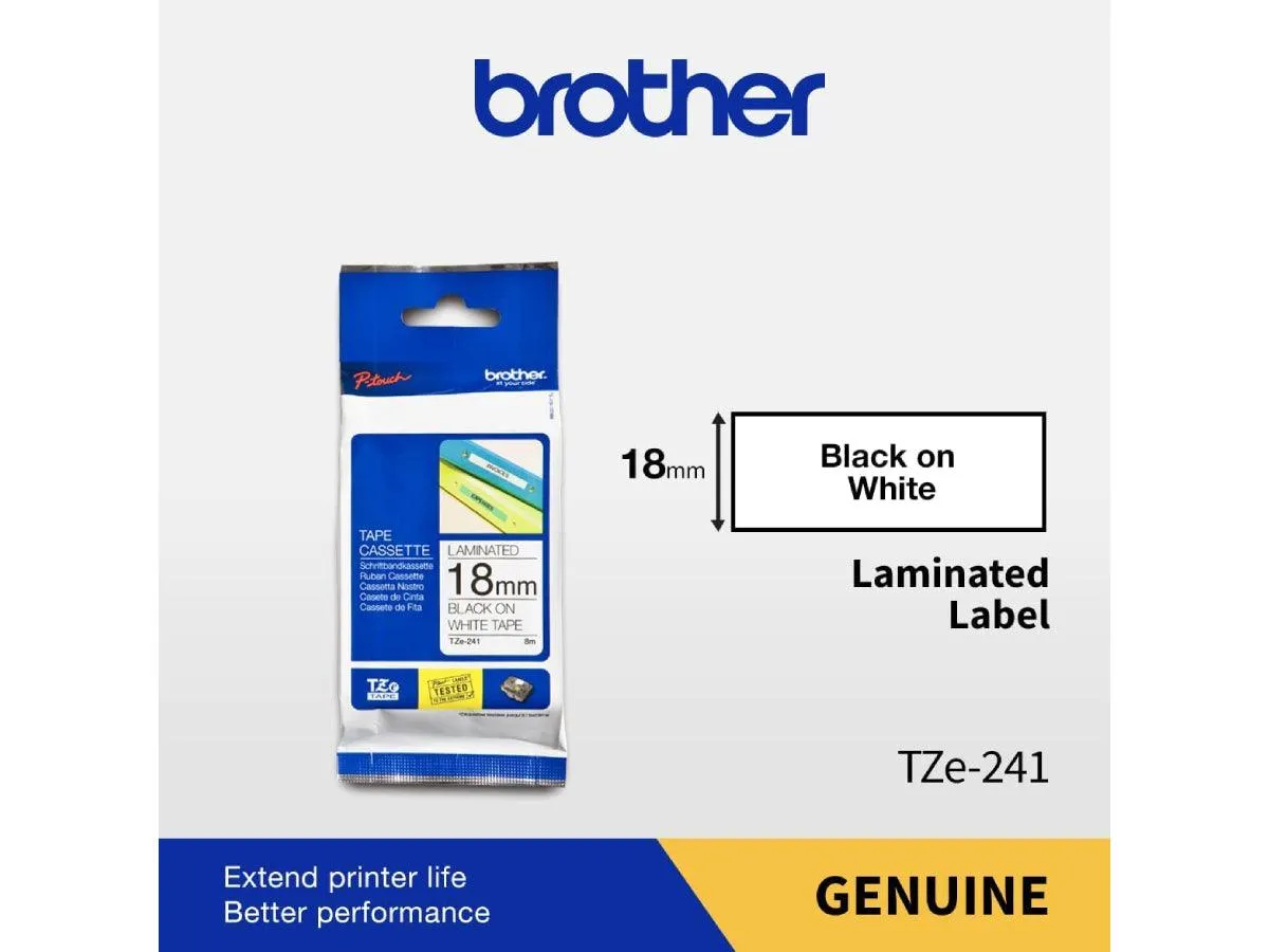 Brother P-touch 18mm TZ-241 Laminated Tape, 8m, Black on White