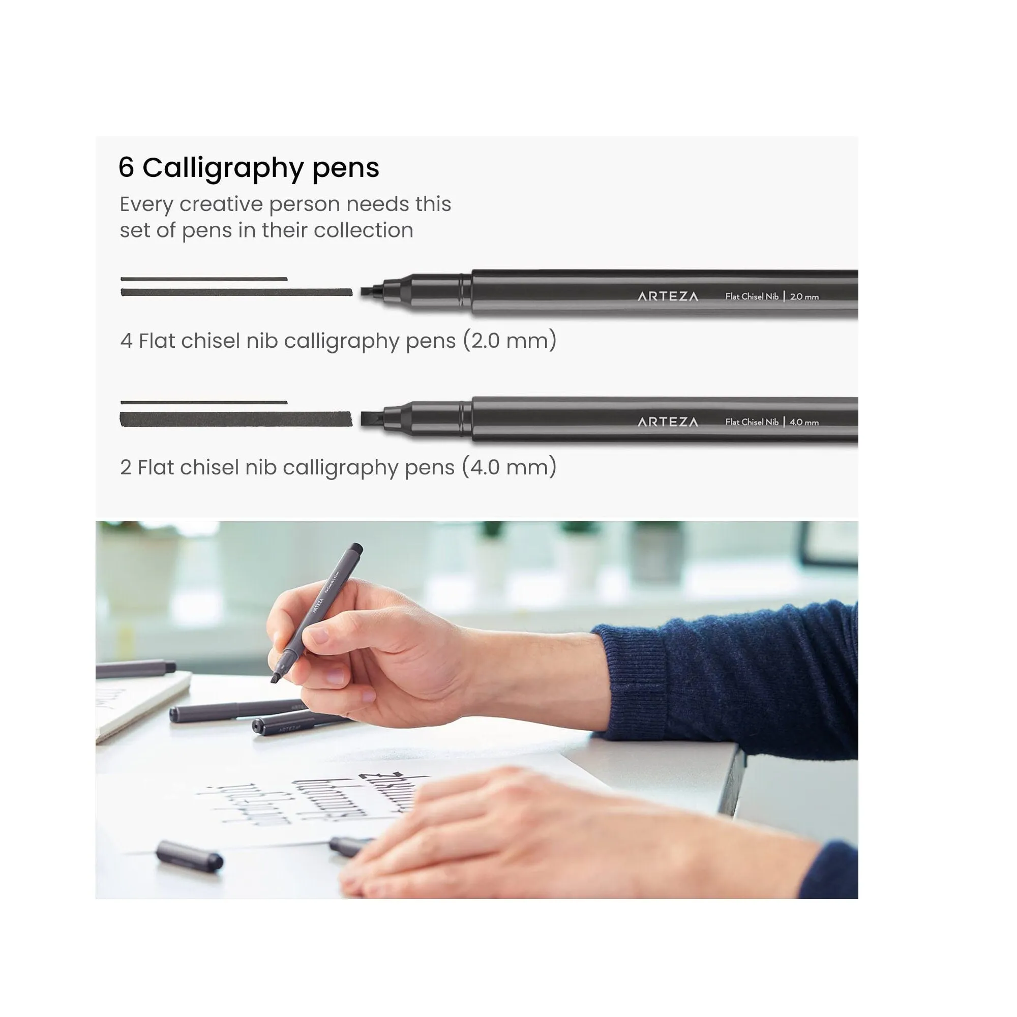 Calligraphy Markers | Set of 6 | Water-Resistant Black Ink | Flat Chisel-Tip Marker Pens | 2mm and 4mm Nibs