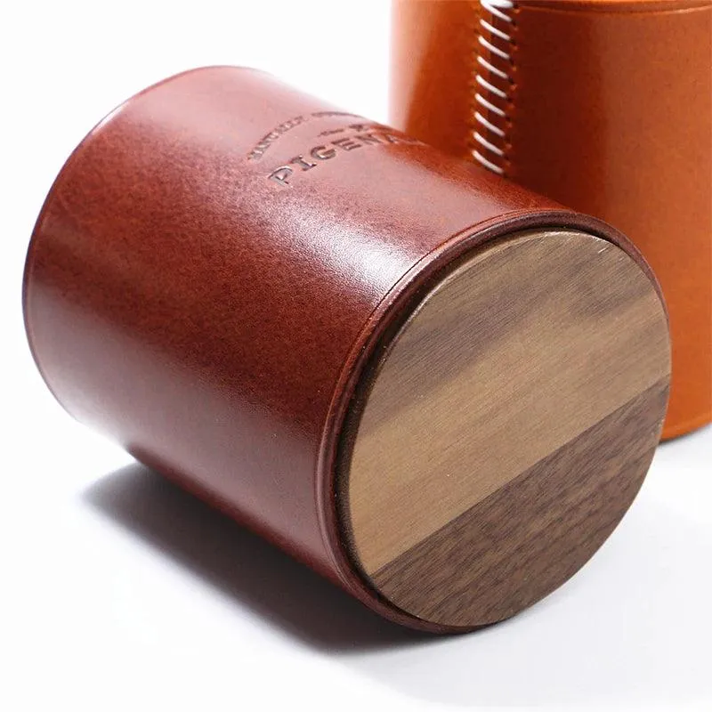 Chic Retro Leather and Walnut Writing Utensil Holder - Classic Elegance