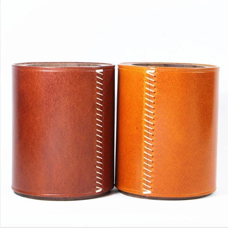 Chic Retro Leather and Walnut Writing Utensil Holder - Classic Elegance