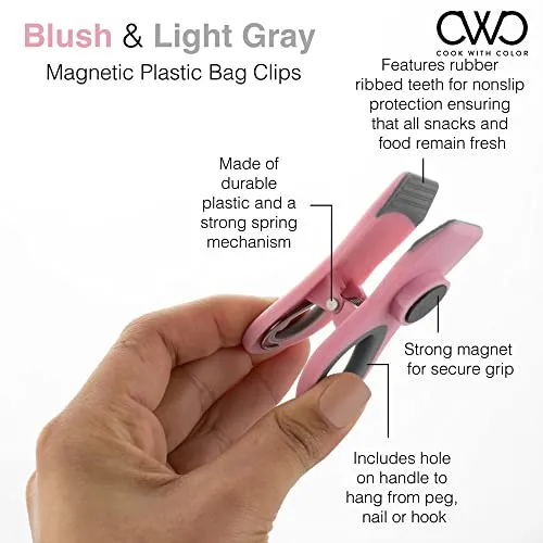 COOK WITH COLOR 5 Pc Chip Bag Clips- Kitchen Clips, Magnetic Chip Clips for Bags, Food Bag Clips with Airtight Seal (Blush)