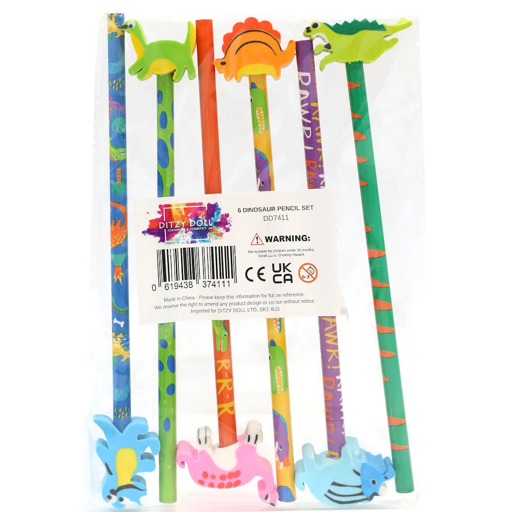 Dinosaurs Pencils & Erasers 6 Pack - Assorted Novelty Stationery Set for Kids' Creative Fun