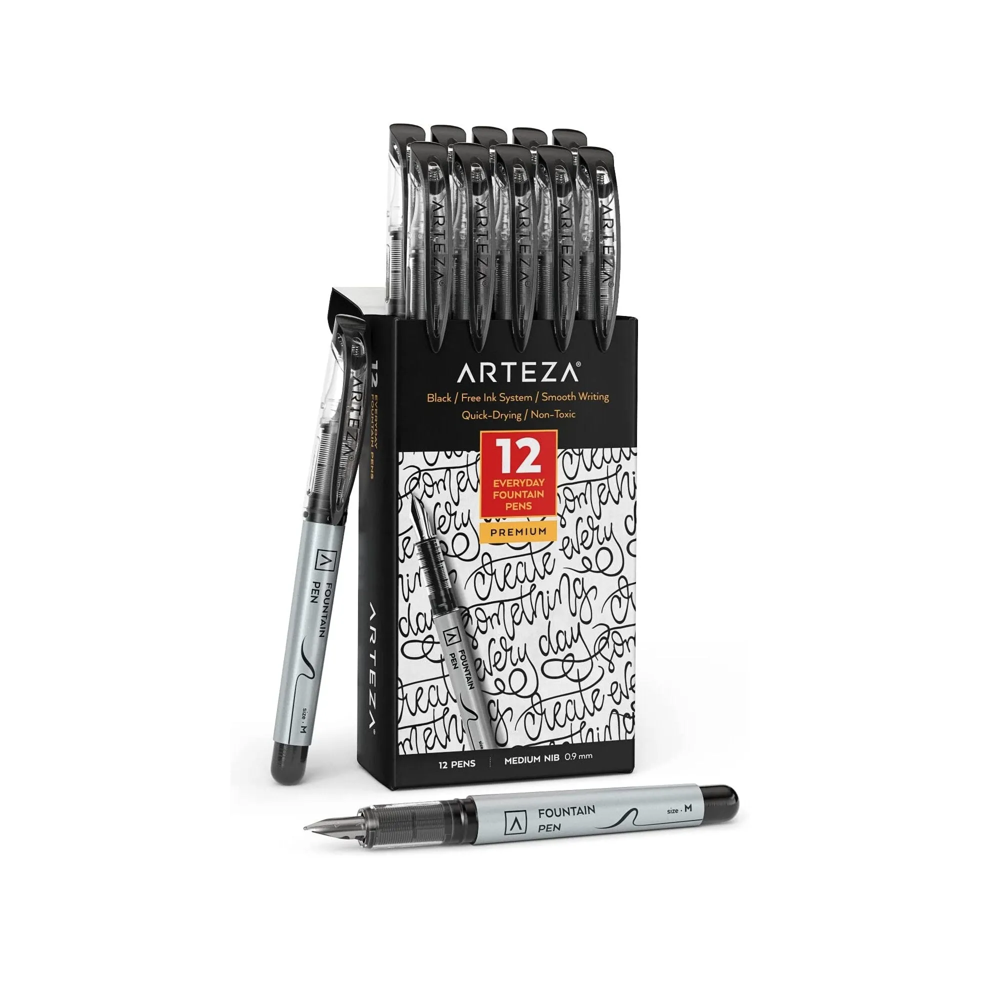 Disposable Fountain Pens | Pack of 12 | Medium 0.9-mm Nib | Smooth-Writing Quick-Drying Black Ink Pen