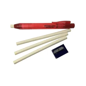 Faber-Castell Pen Mechanical Stick Retractable Eraser Set with 2 Extra Refills   1 Sharpener | Color Red