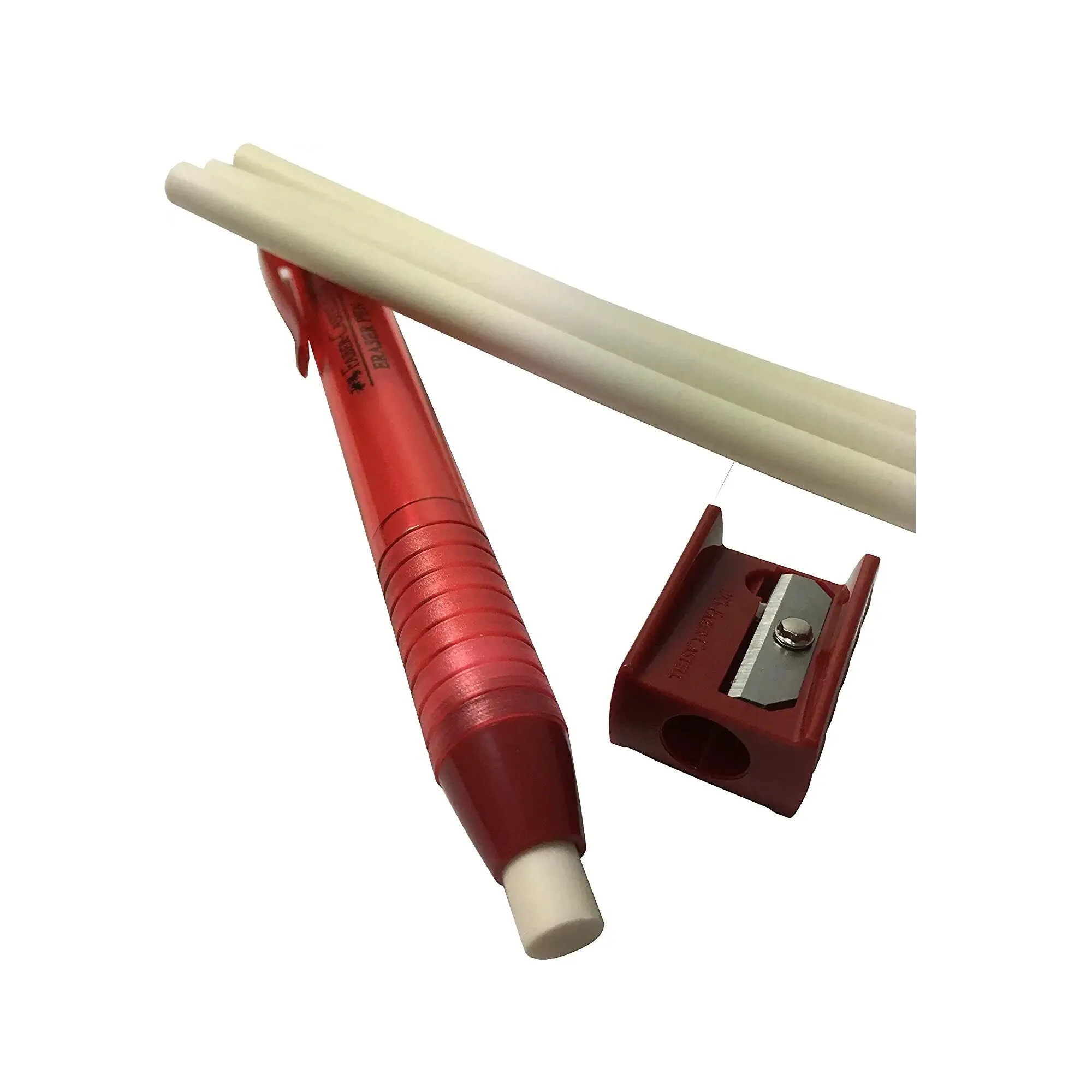 Faber-Castell Pen Mechanical Stick Retractable Eraser Set with 2 Extra Refills   1 Sharpener | Color Red