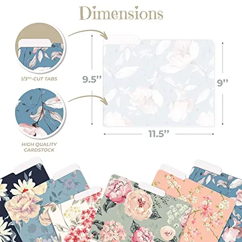 Floral Decorative File Folders, Letter Size for Office, School and Home, Set of 12, 6 Designs, 1/3 Cut Tabs