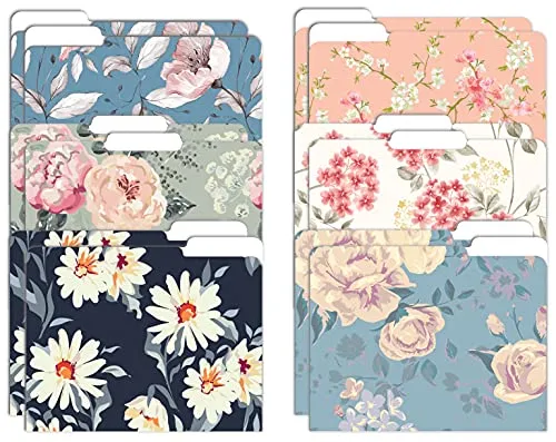 Floral Decorative File Folders, Letter Size for Office, School and Home, Set of 12, 6 Designs, 1/3 Cut Tabs
