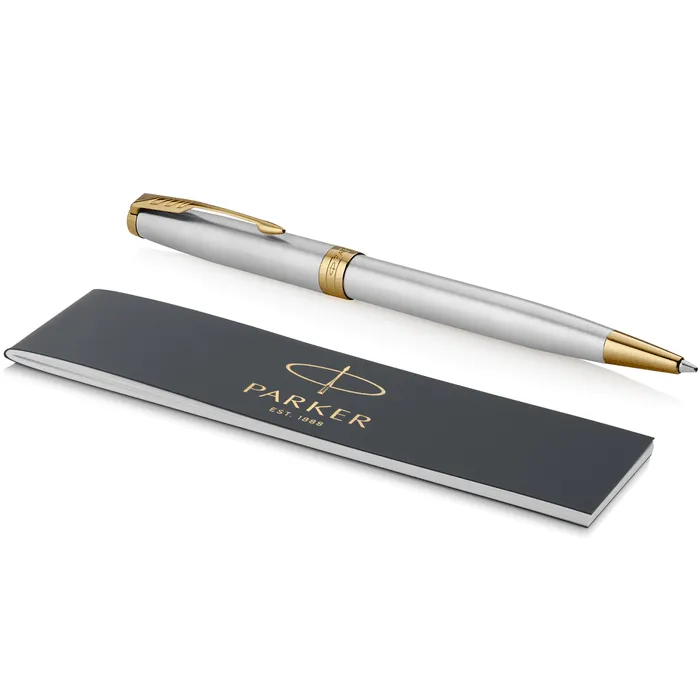 Parker Sonnet Stainless Steel Gold Trim Ballpoint Pen Medium Nib Gift Box Set