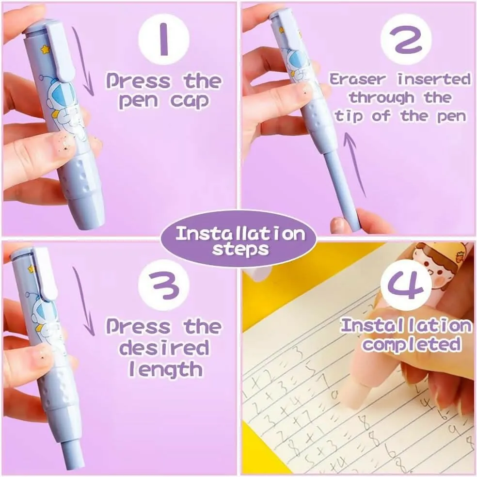 Pen Erasers - Retractable Pen-Shaped Novelty Eraser with 2 Refill Sticks, Perfect for Kids, Students, and Stationery Gifts(Random Colour)