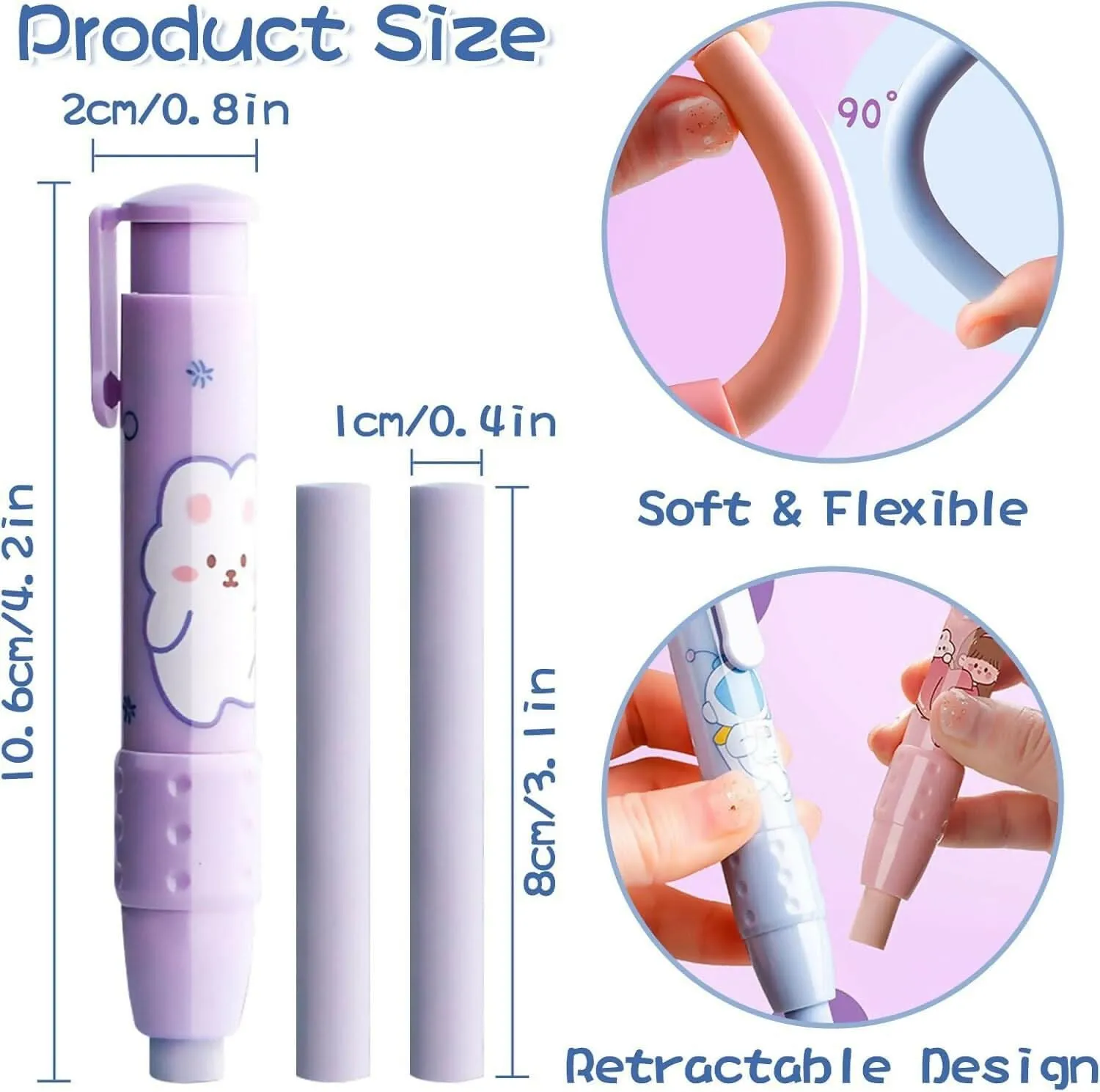 Pen Erasers - Retractable Pen-Shaped Novelty Eraser with 2 Refill Sticks, Perfect for Kids, Students, and Stationery Gifts(Random Colour)