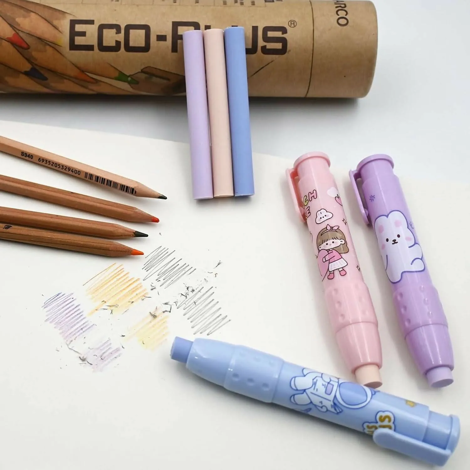 Pen Erasers - Retractable Pen-Shaped Novelty Eraser with 2 Refill Sticks, Perfect for Kids, Students, and Stationery Gifts(Random Colour)
