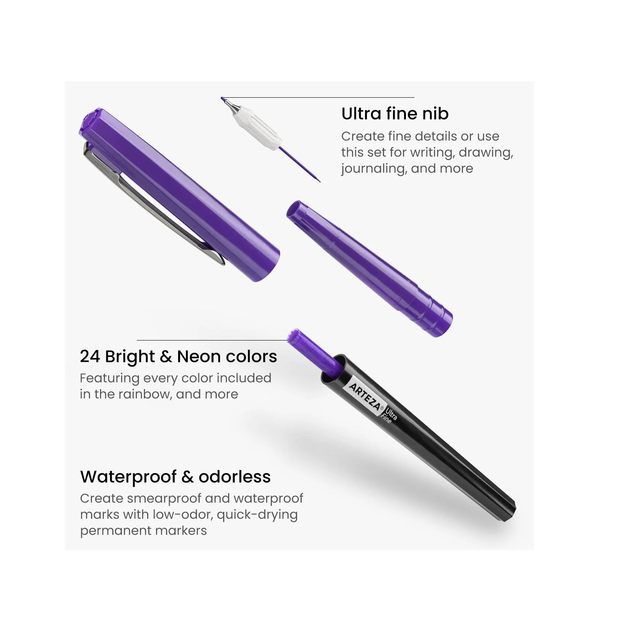 Permanent Markers | 24 Bright and Neon Colors | 2-mm Line | 4.2-mm Ultra-Fine Tip