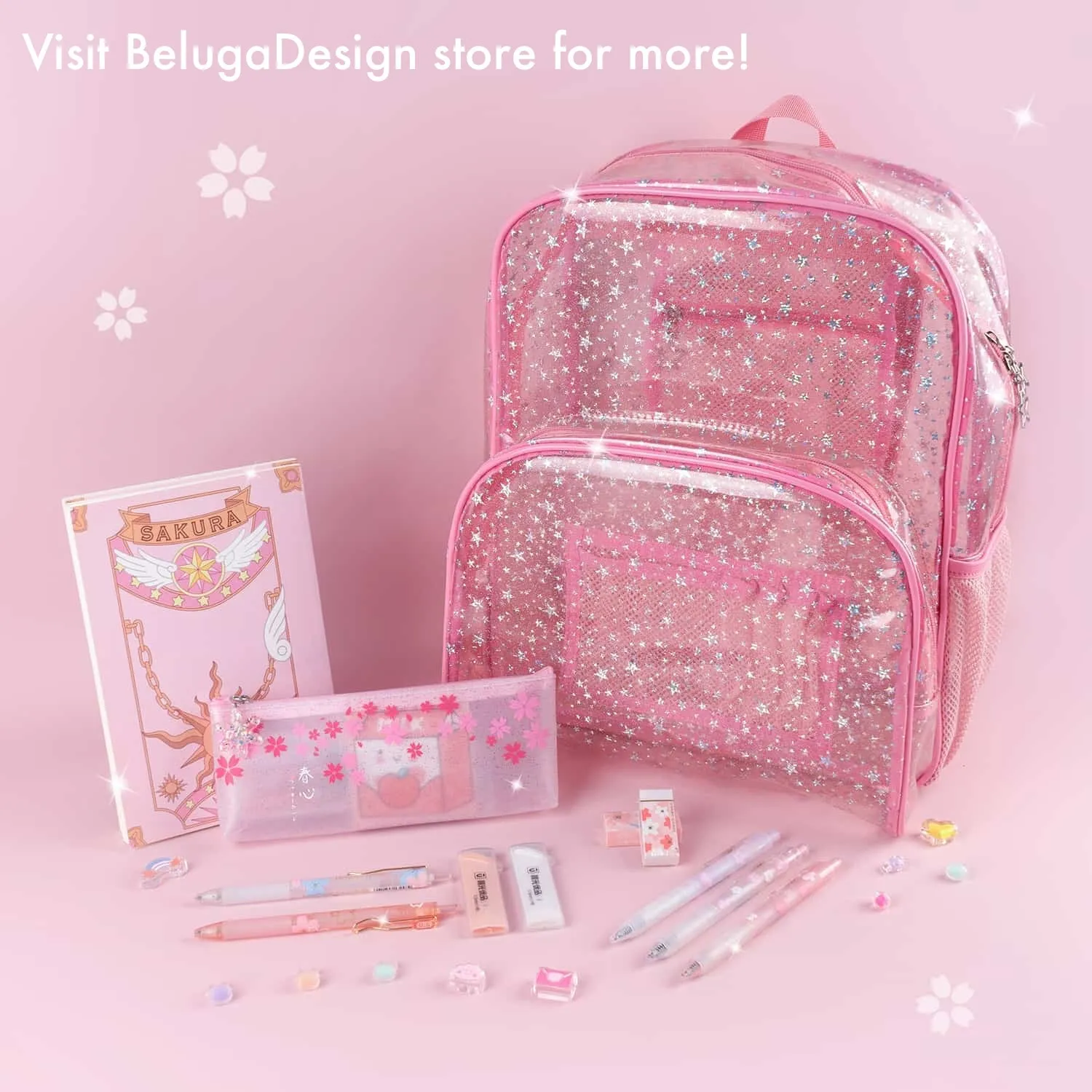 Sakura Pouch - Cute Glitter Clear Pink Pen Pencil Makeup Bag