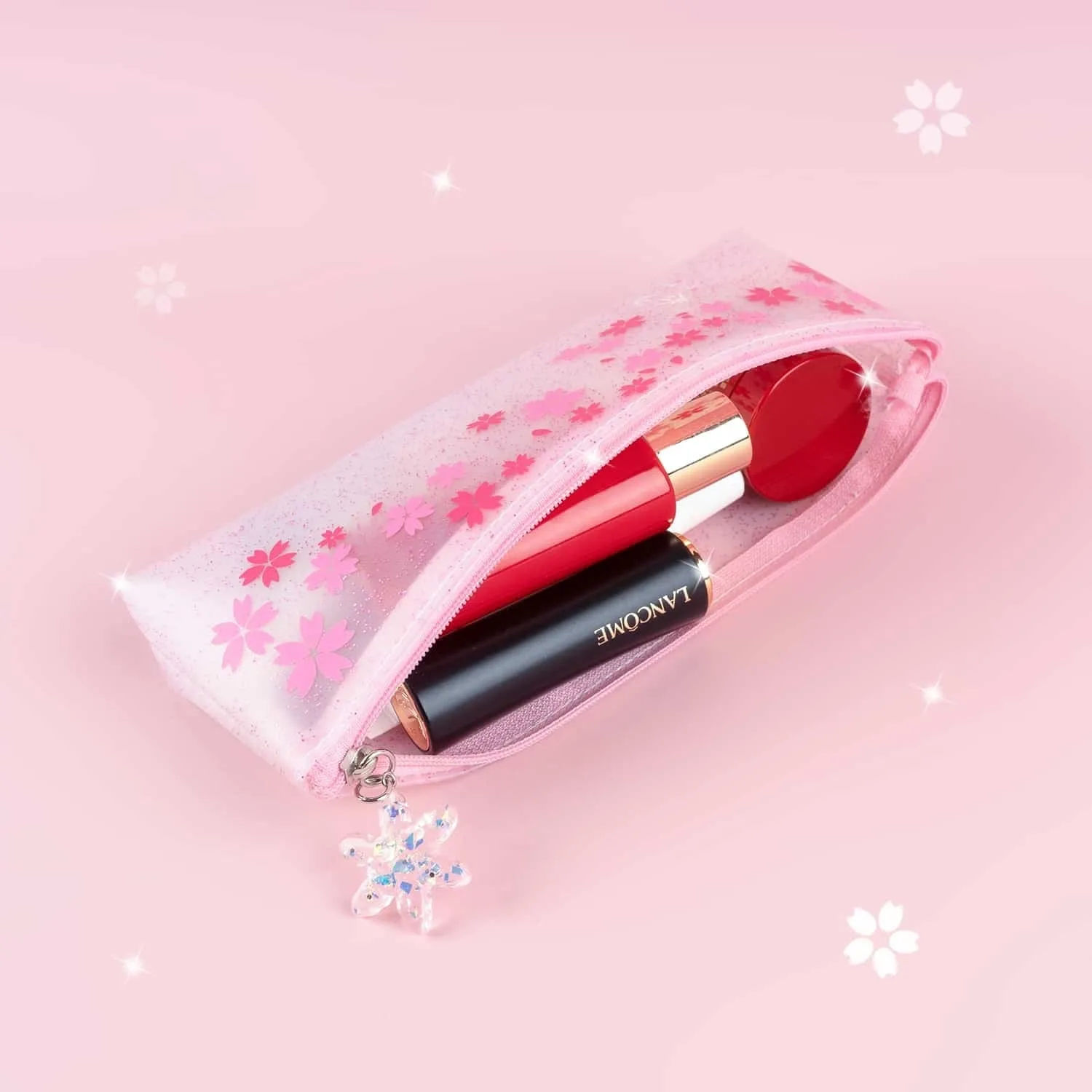 Sakura Pouch - Cute Glitter Clear Pink Pen Pencil Makeup Bag