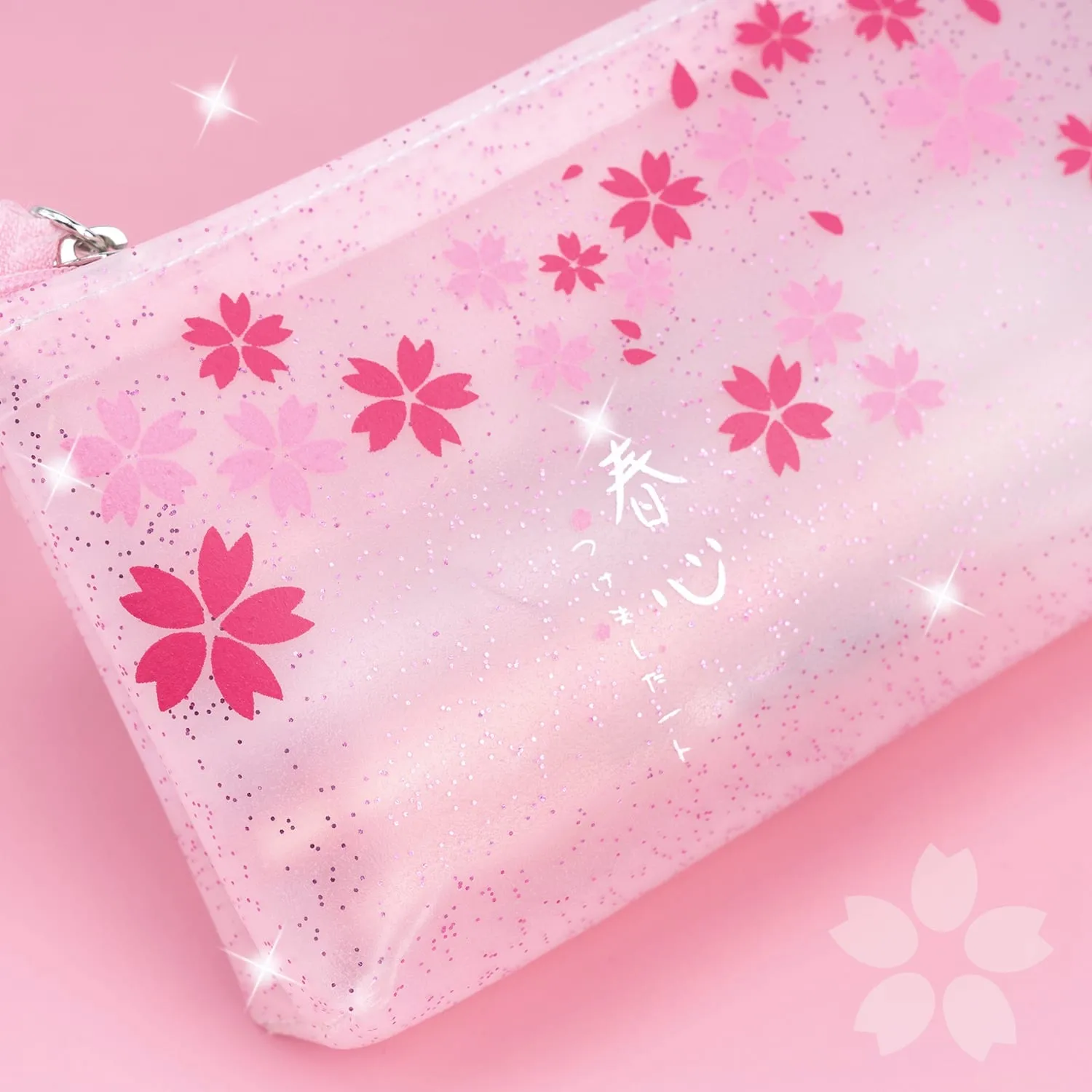Sakura Pouch - Cute Glitter Clear Pink Pen Pencil Makeup Bag