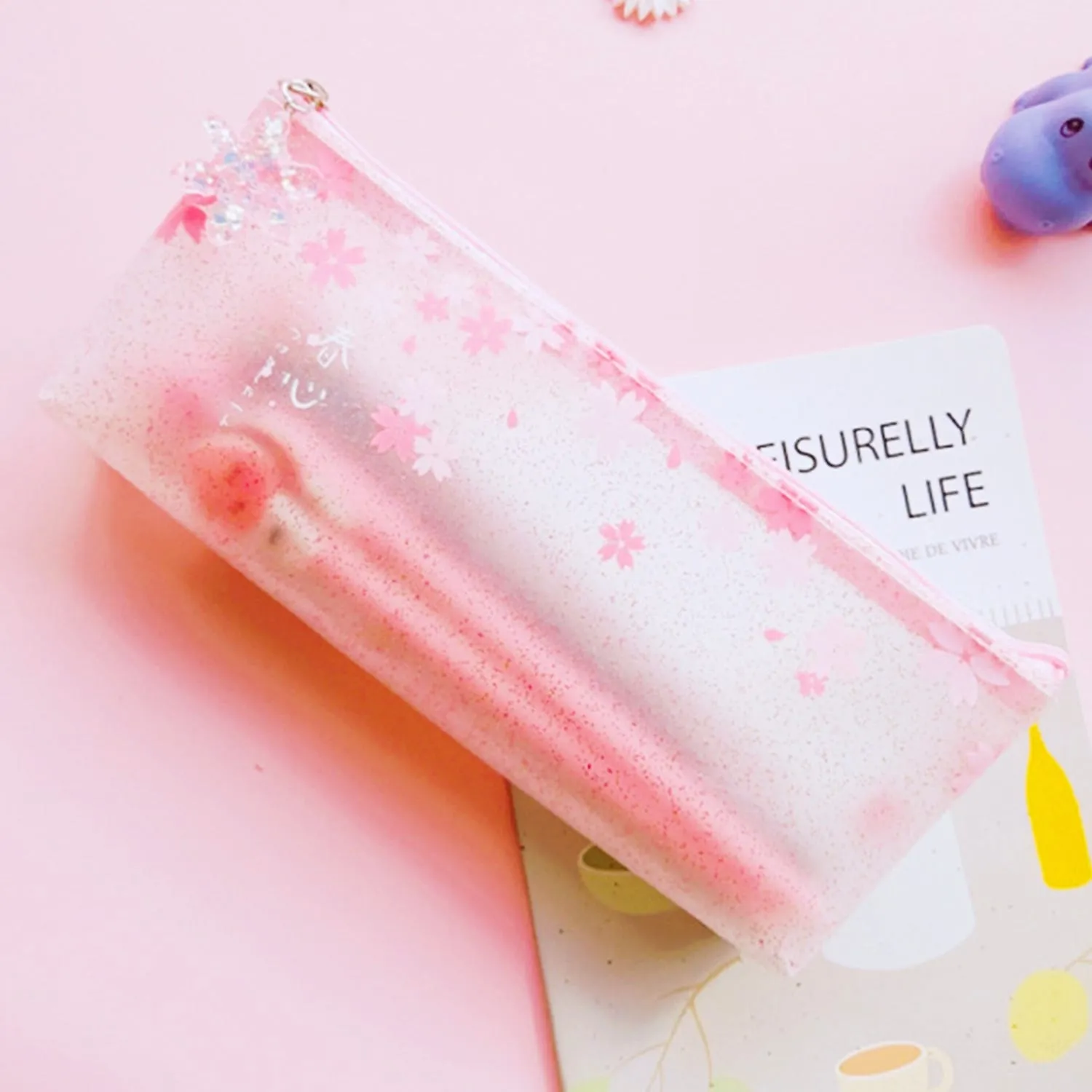 Sakura Pouch - Cute Glitter Clear Pink Pen Pencil Makeup Bag