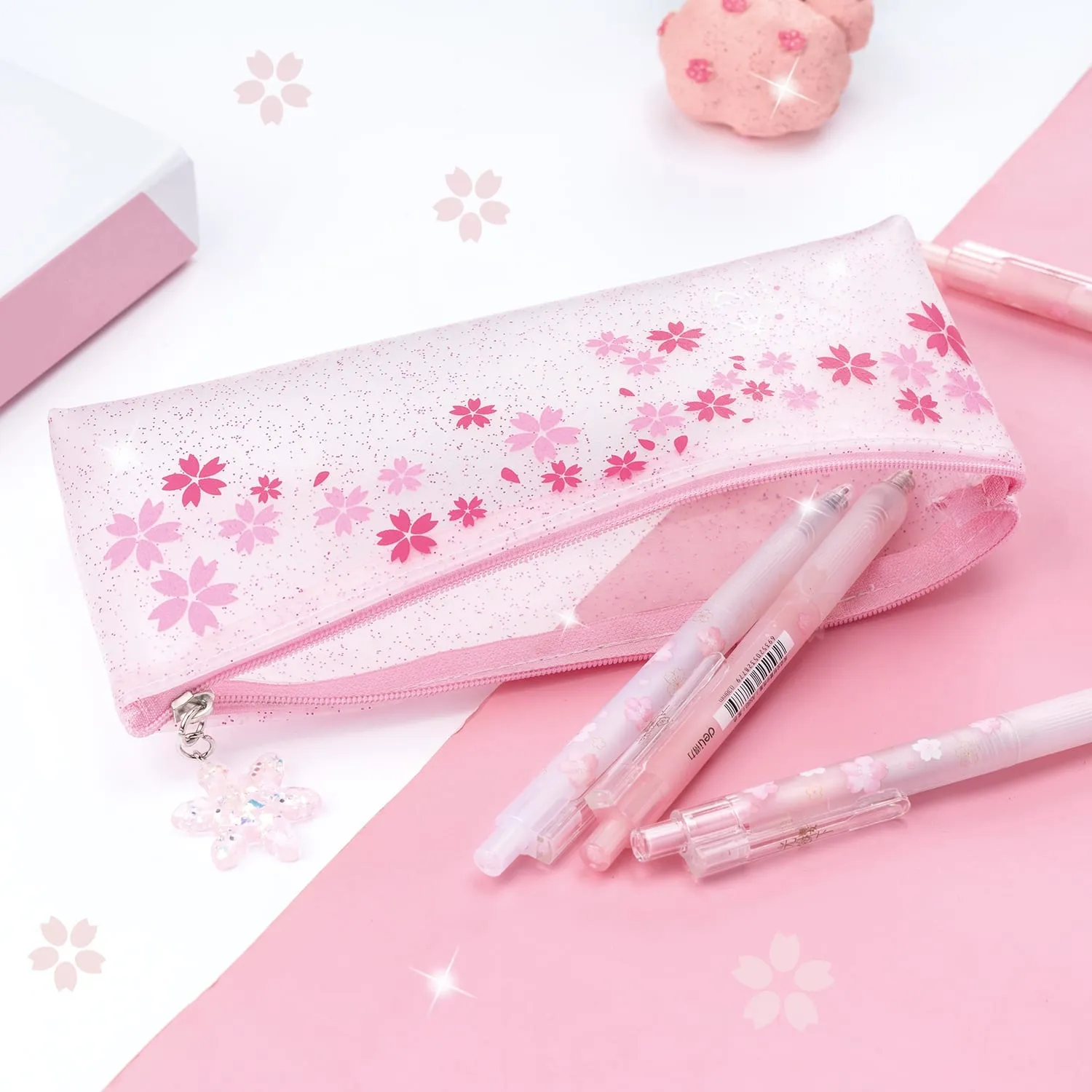 Sakura Pouch - Cute Glitter Clear Pink Pen Pencil Makeup Bag