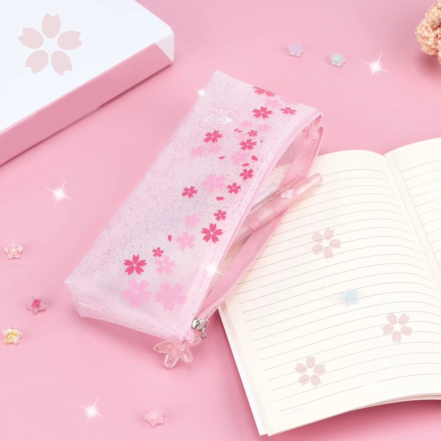 Sakura Pouch - Cute Glitter Clear Pink Pen Pencil Makeup Bag