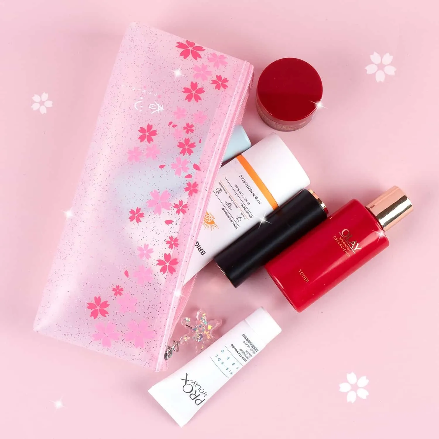 Sakura Pouch - Cute Glitter Clear Pink Pen Pencil Makeup Bag