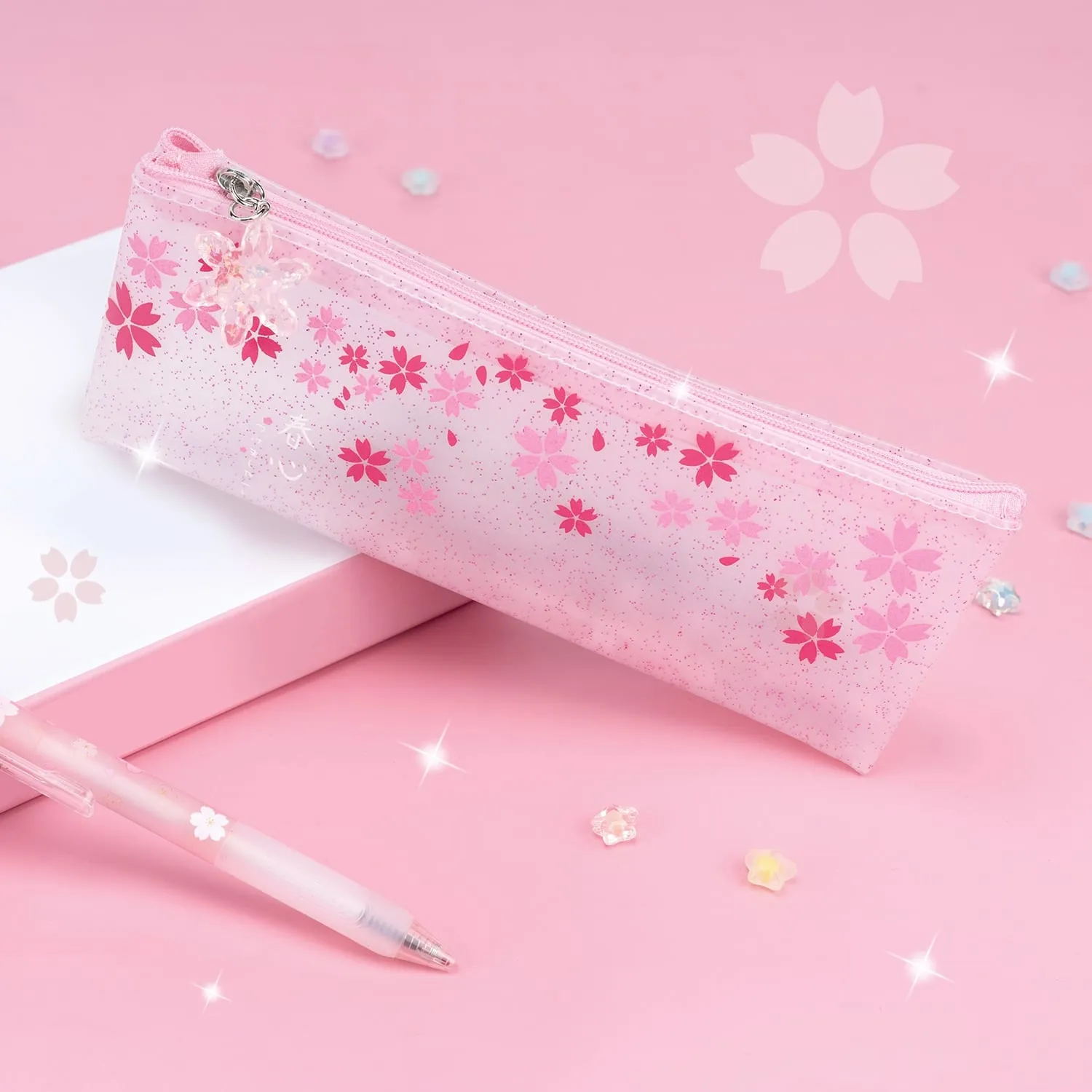 Sakura Pouch - Cute Glitter Clear Pink Pen Pencil Makeup Bag